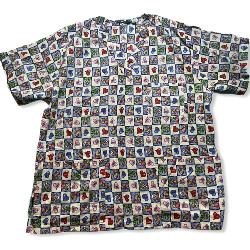 Squares w Hearts & Teddy Bears Printed Scrub Top